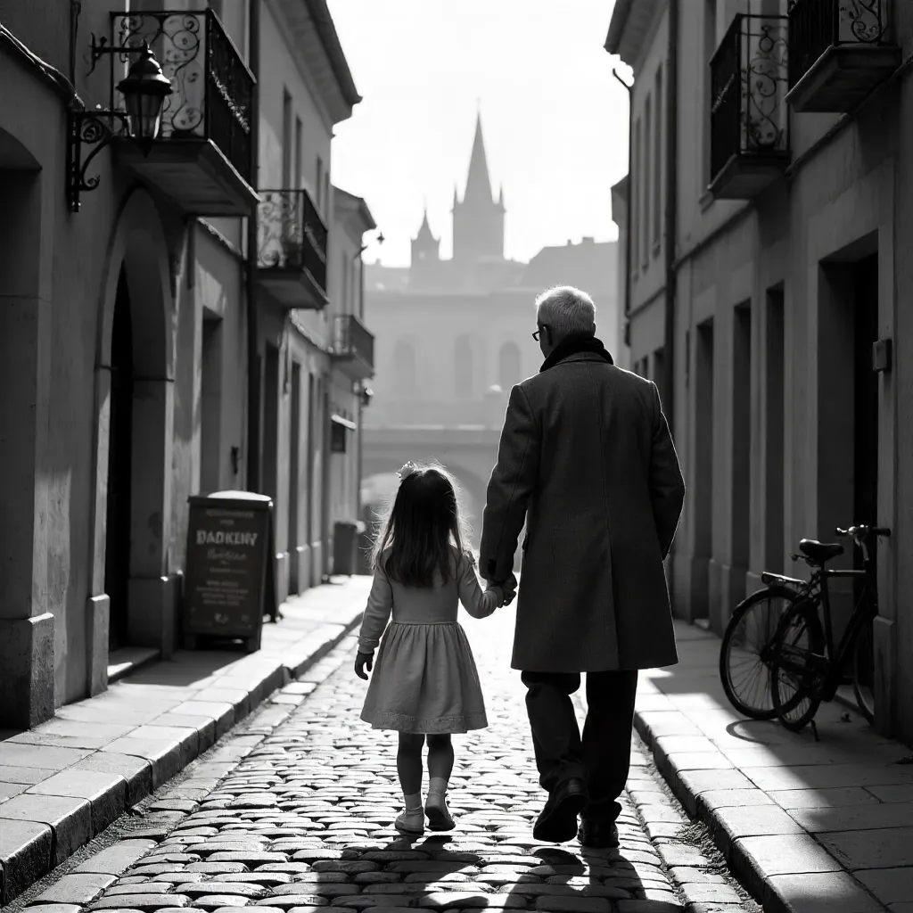 Black and White Walk in Metz: Father and Daughter