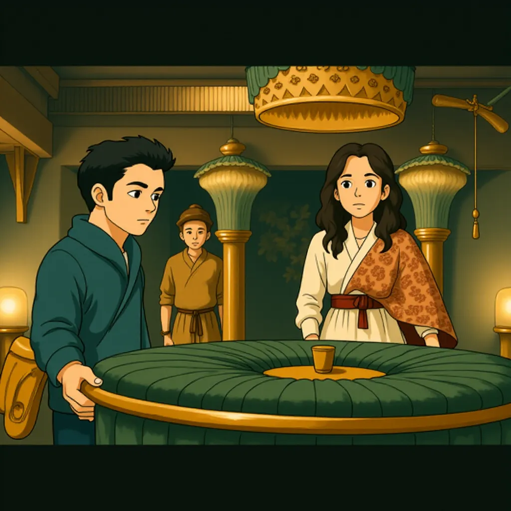 Natalie Portman, John Krasinski, and Domhnall Gleeson in Fountain of Youth (2025) - Ghibli style
