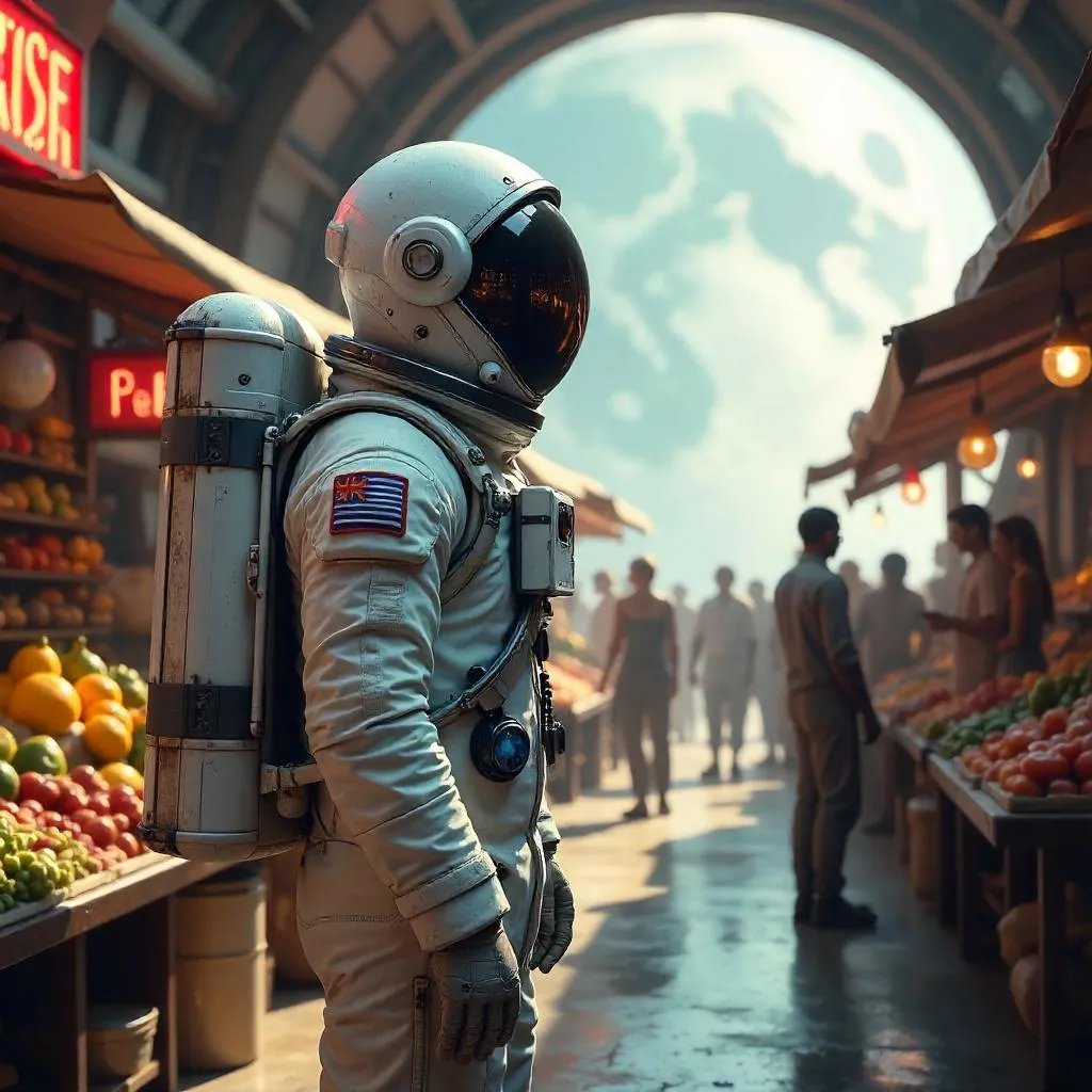 Astronaut in a Neon Interstellar Marketplace