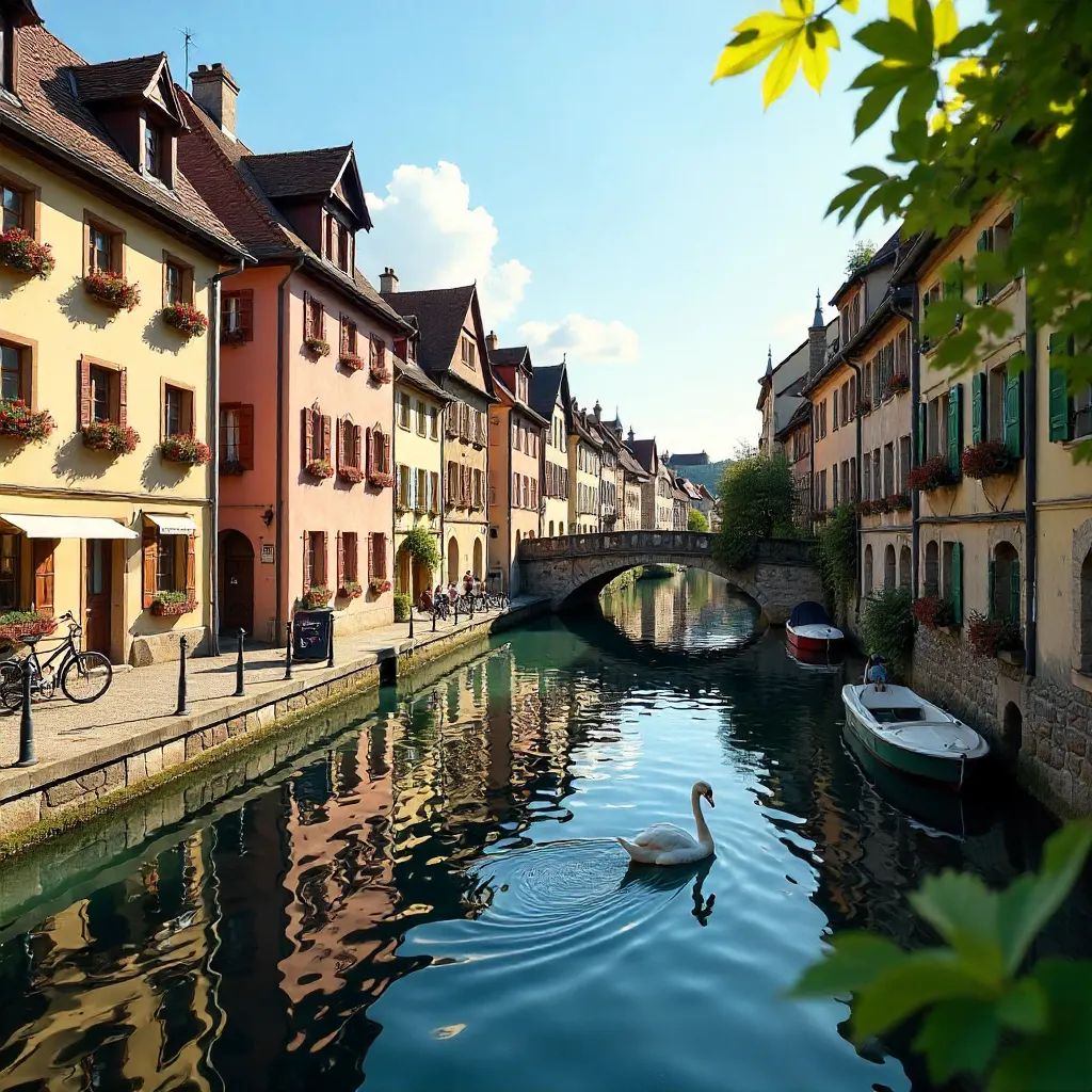 Sunny Colmar Canal with Half-Timbered Houses