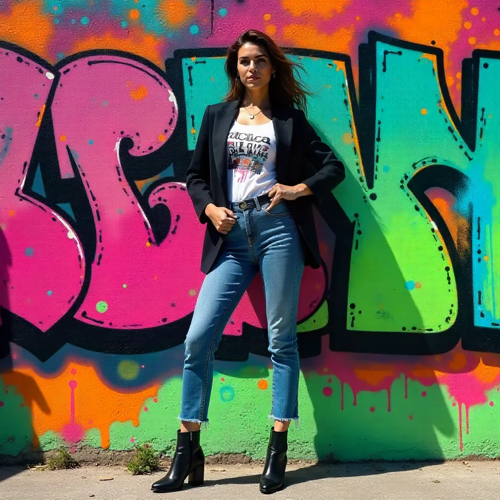 Confident Young Woman Against a Vibrant Graffiti Wall