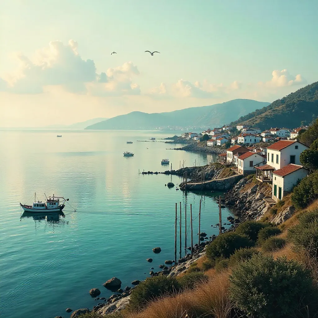 Serene Coastal Village Overlooking Sea Farms