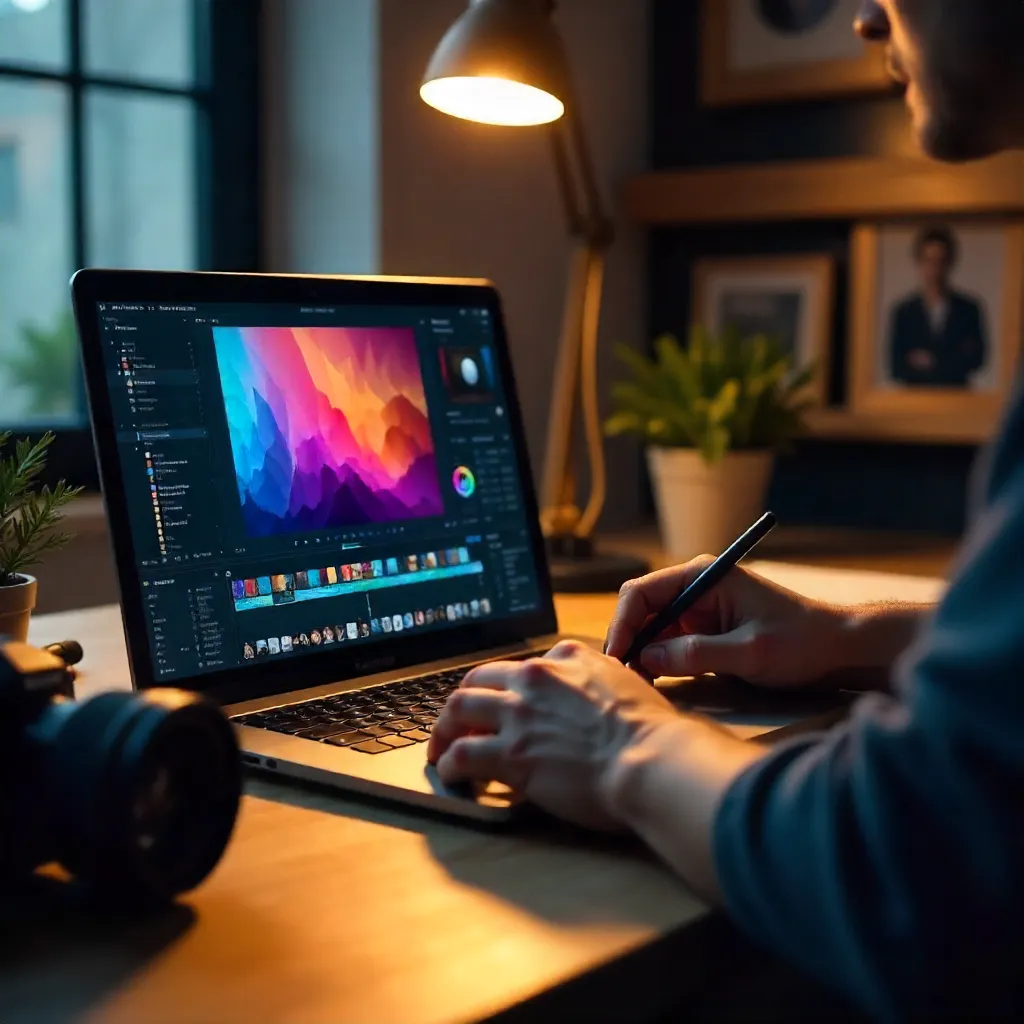Hands Editing Photos on Laptop with Camera Nearby