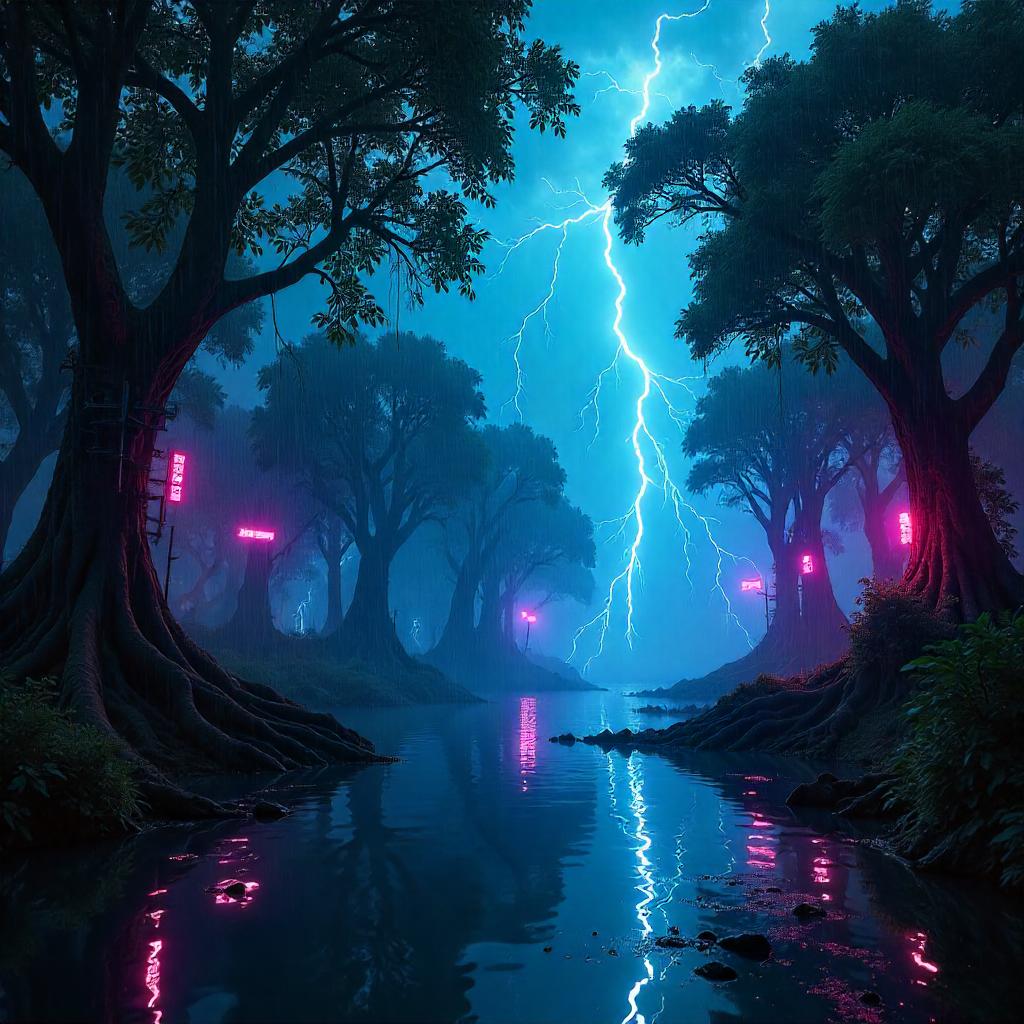 Neon Lightning Over the Mangrove Cyberpunk Swamp