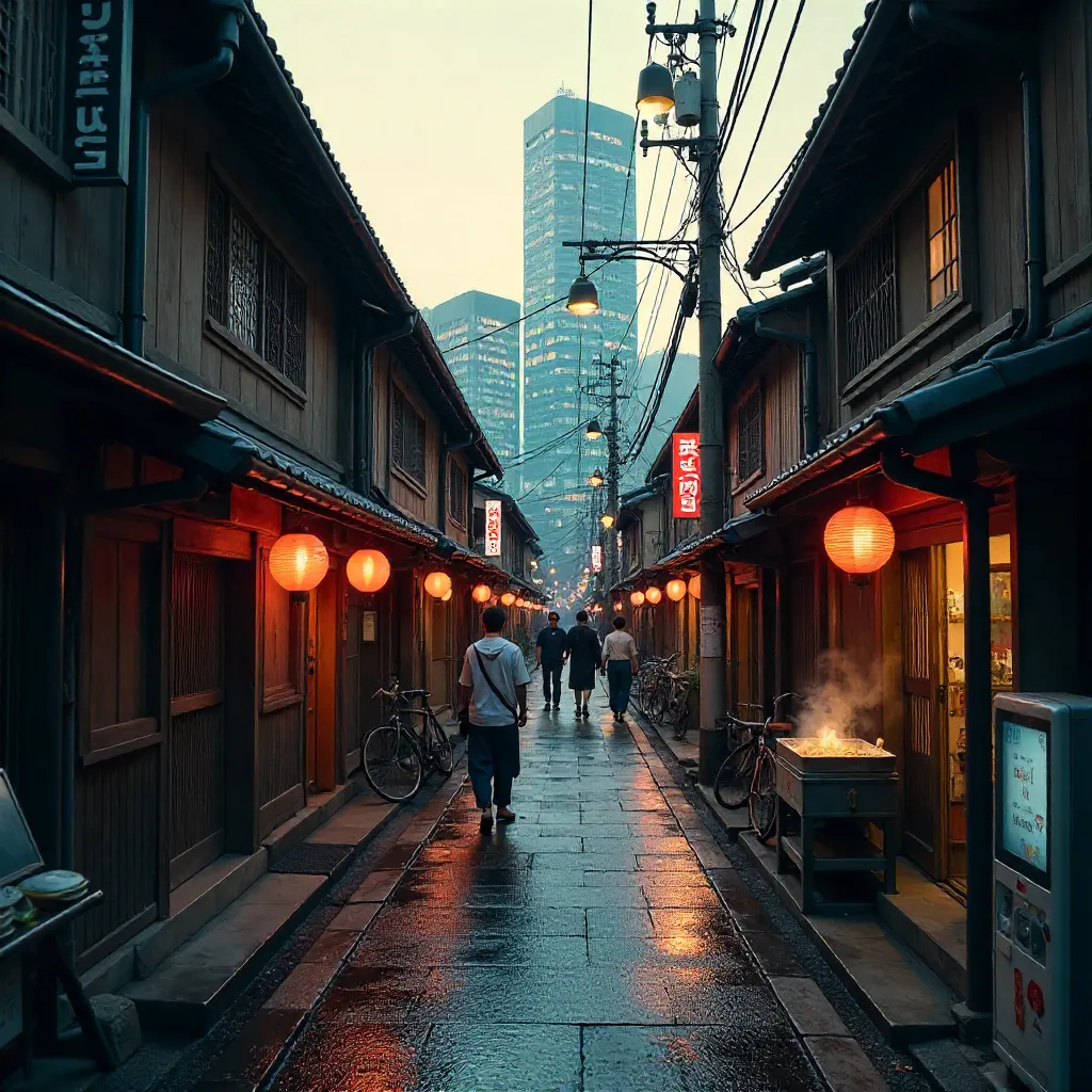 Authentic Street Scene: Traditional Japanese Architecture in the City