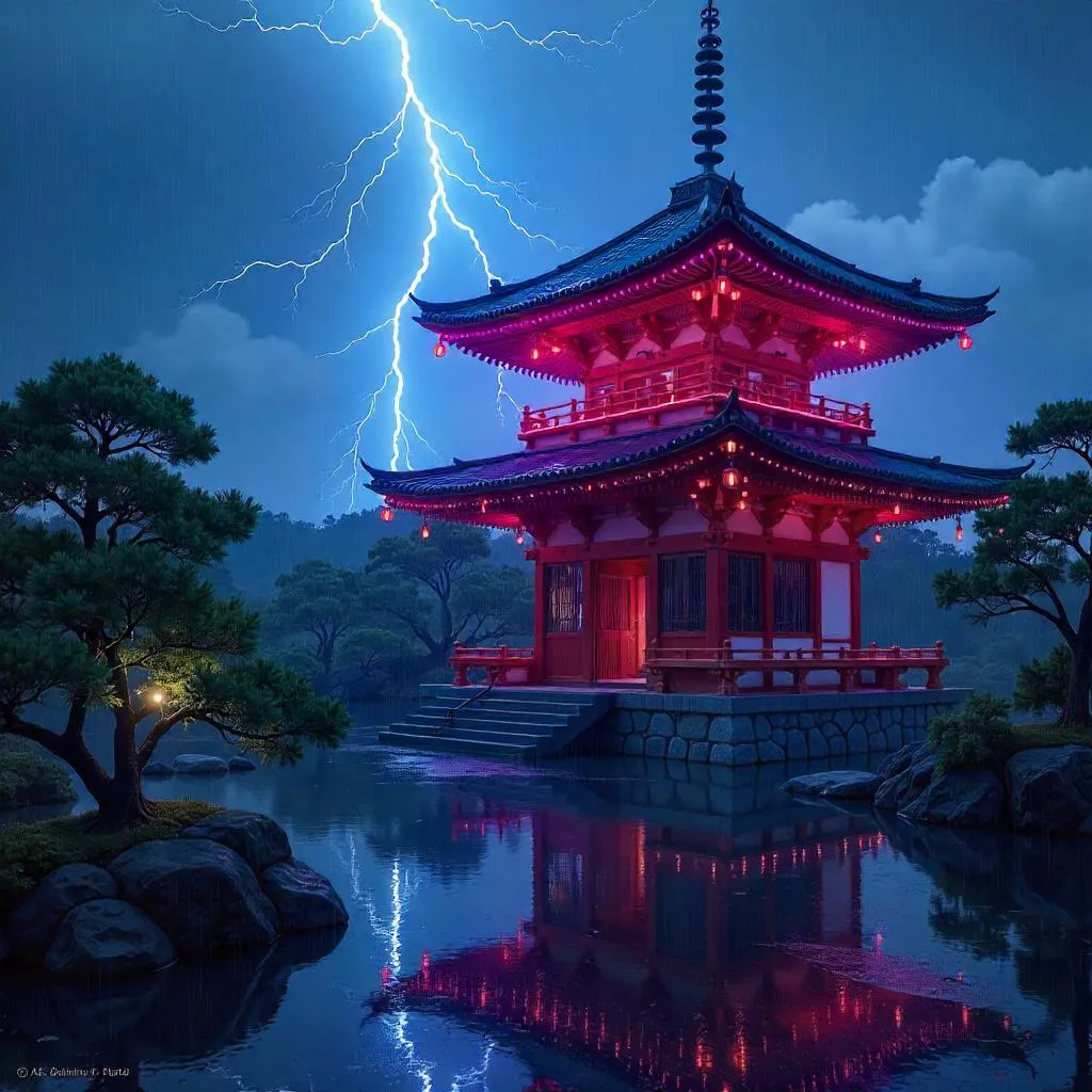 Neon Lightning Over an Ancient Pagoda