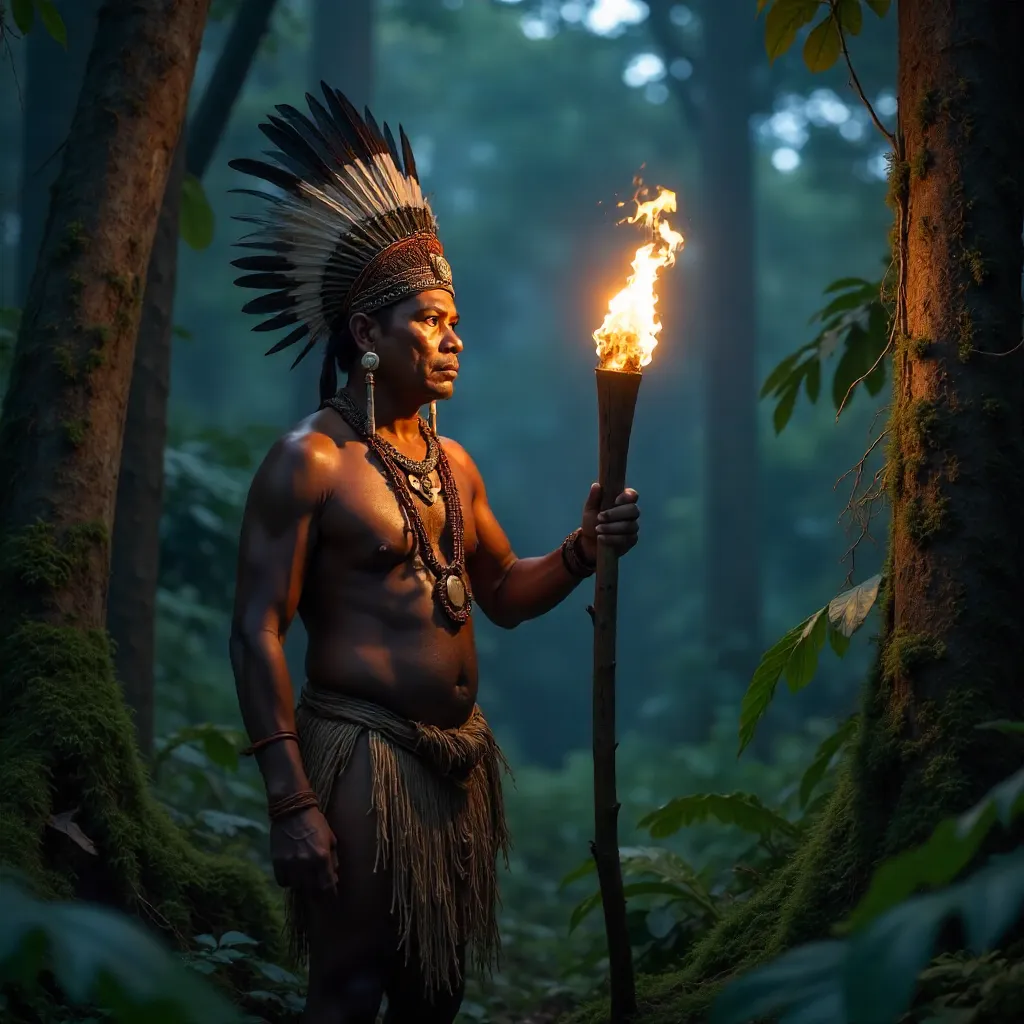 Torchbearer in a Papuan Jungle near Jayapura