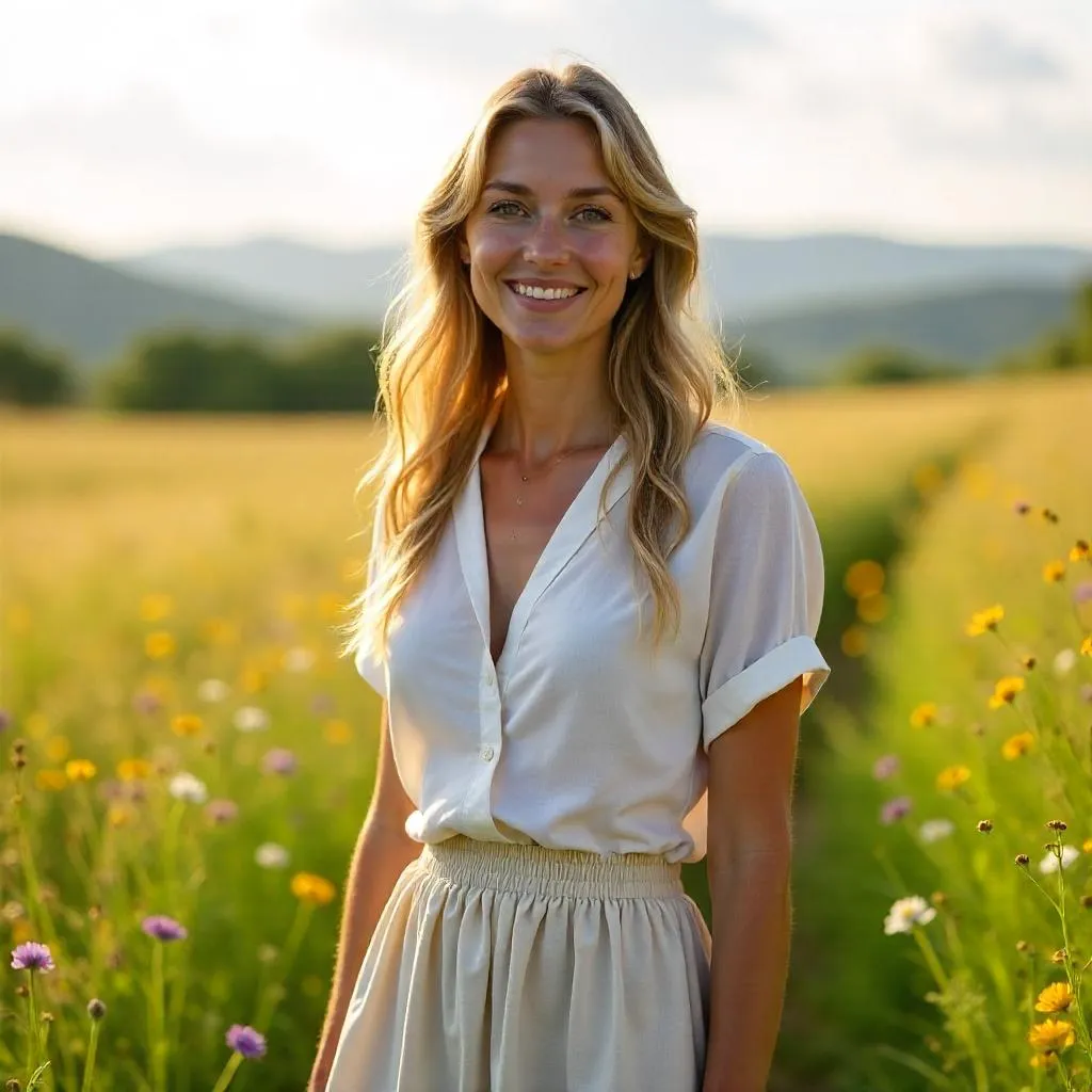 Confident White Woman in a Photoreal Meadow