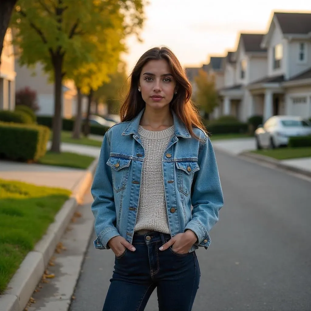 Sunlit Suburban Street: Young Middle Eastern Woman