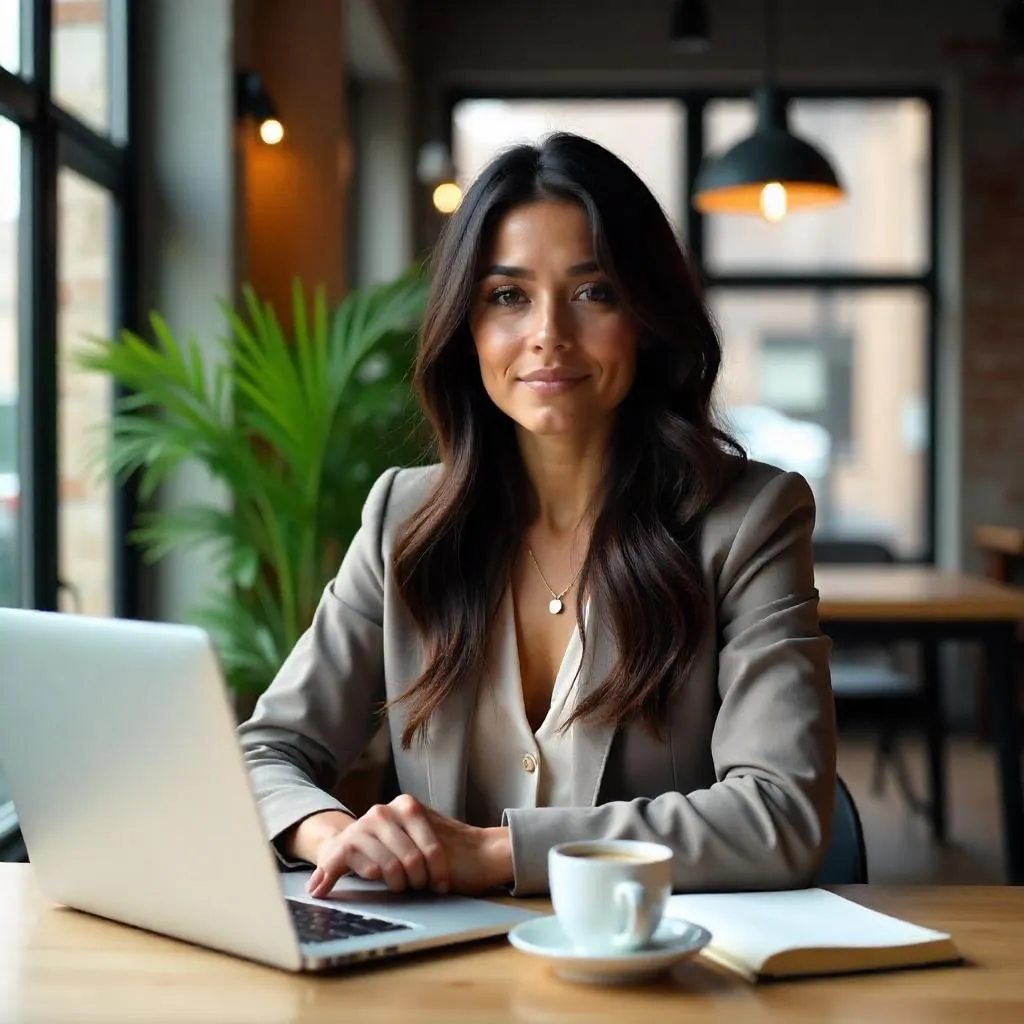 Photoreal Latina Woman in a Modern Coworking Space