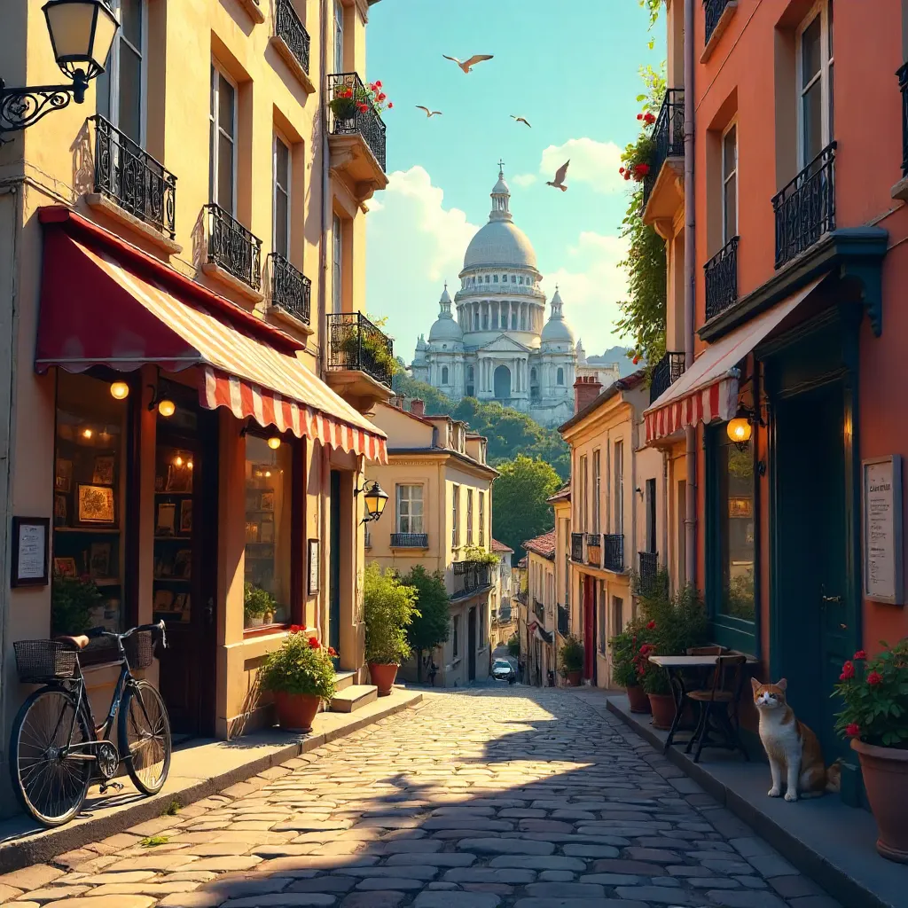 Montmartre Alley with Sacré-Cœur Backdrop at Dusk