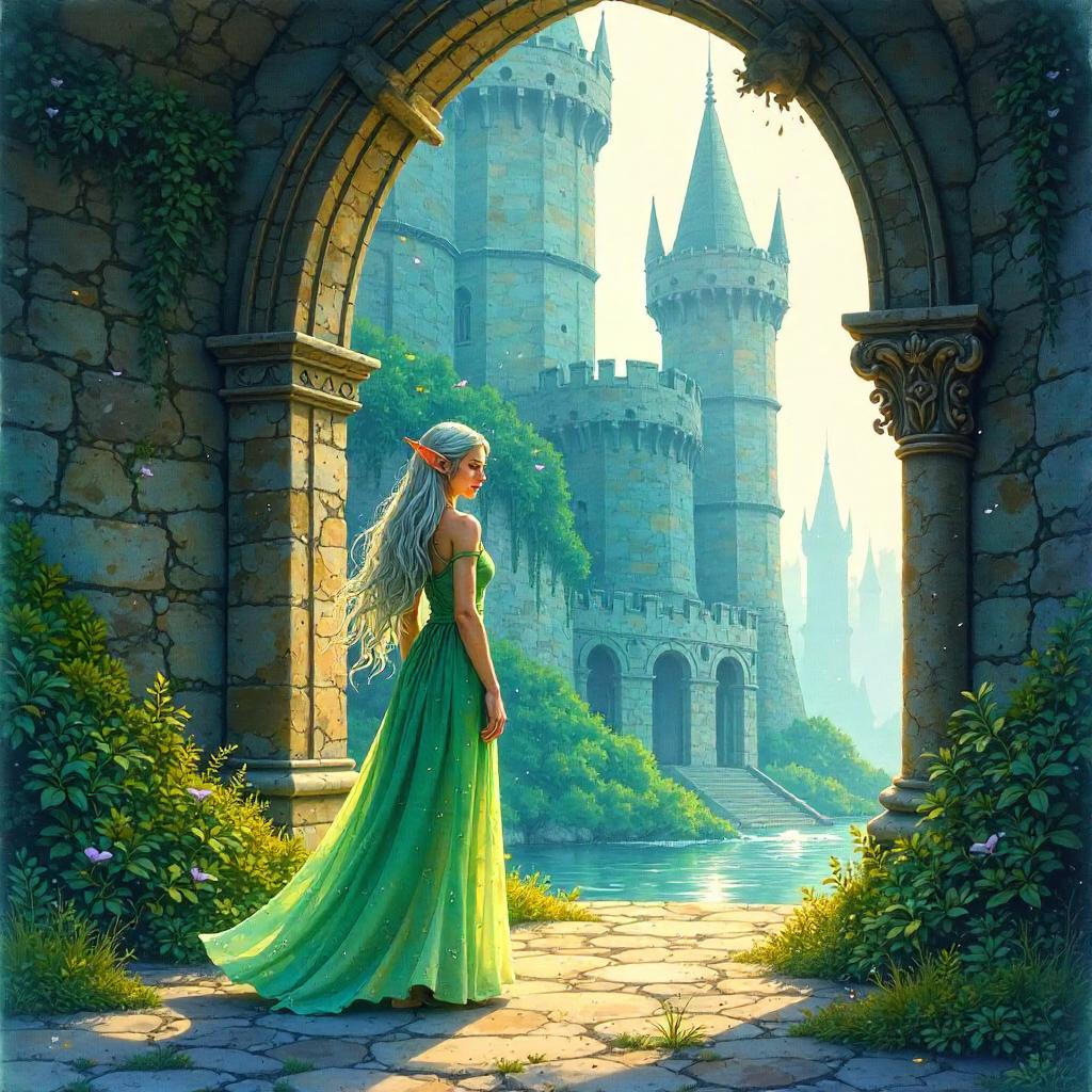Elven Grace in a Watercolor Enchanted Castle