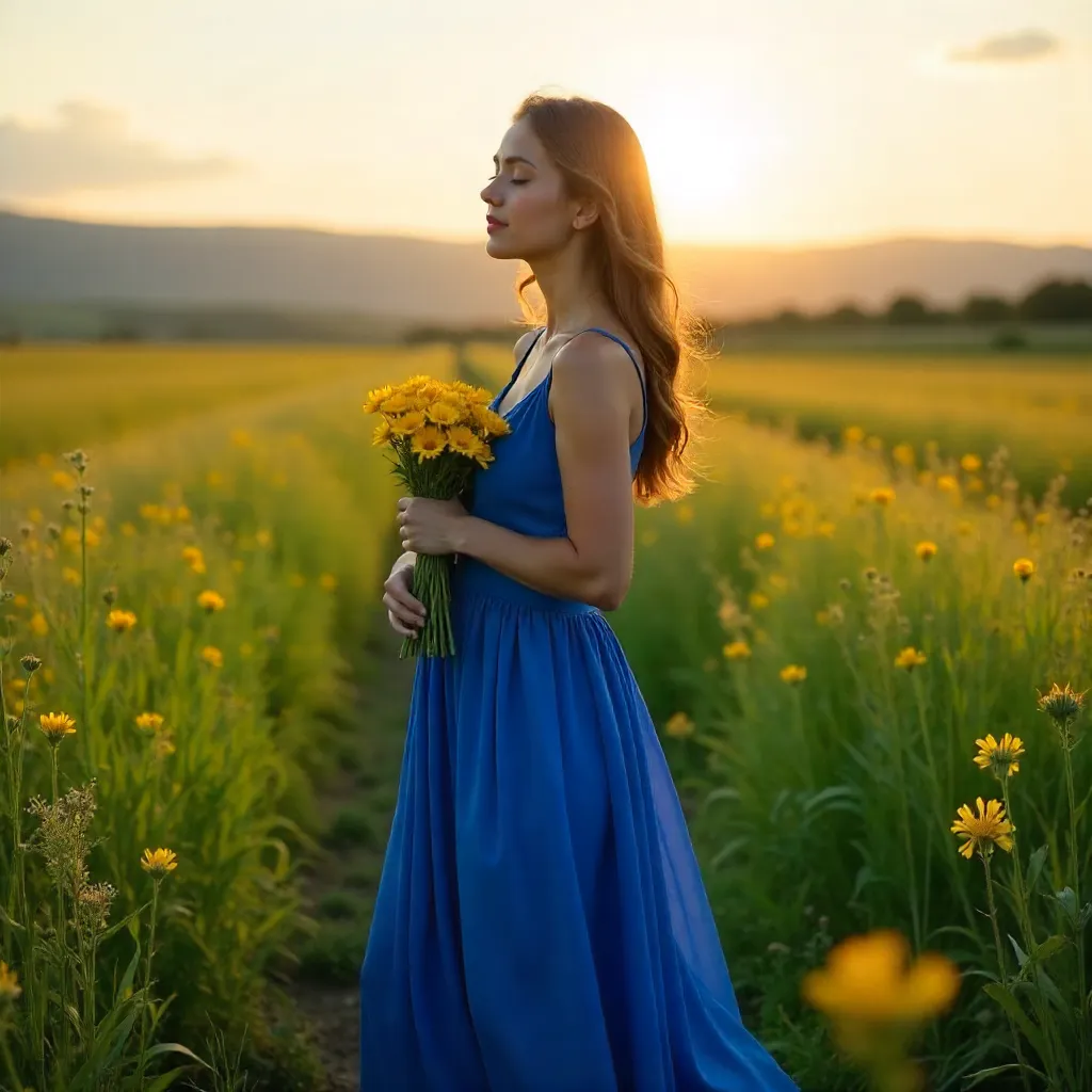 Serene Blue Dress in a Field of Yellow Flowers