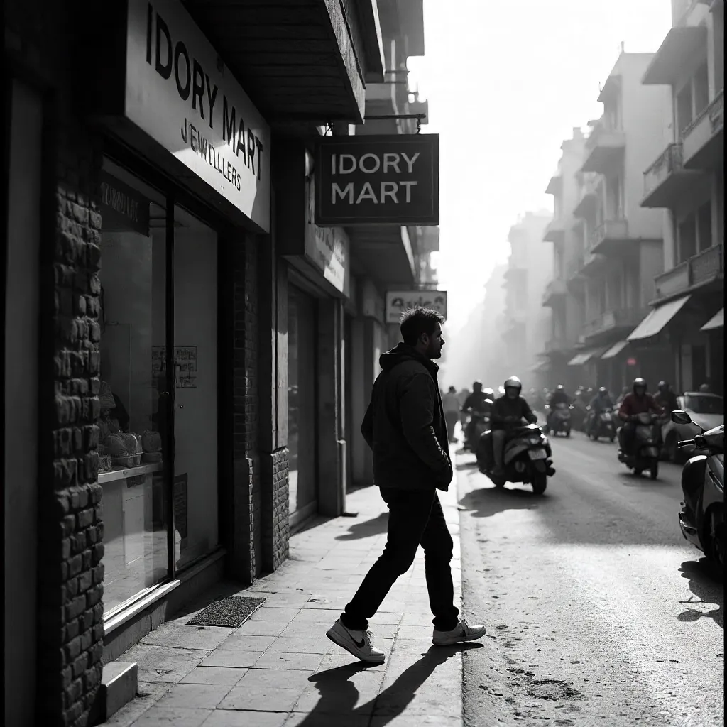 Monochrome street scene near Ivory Mart Jewellers, Delhi
