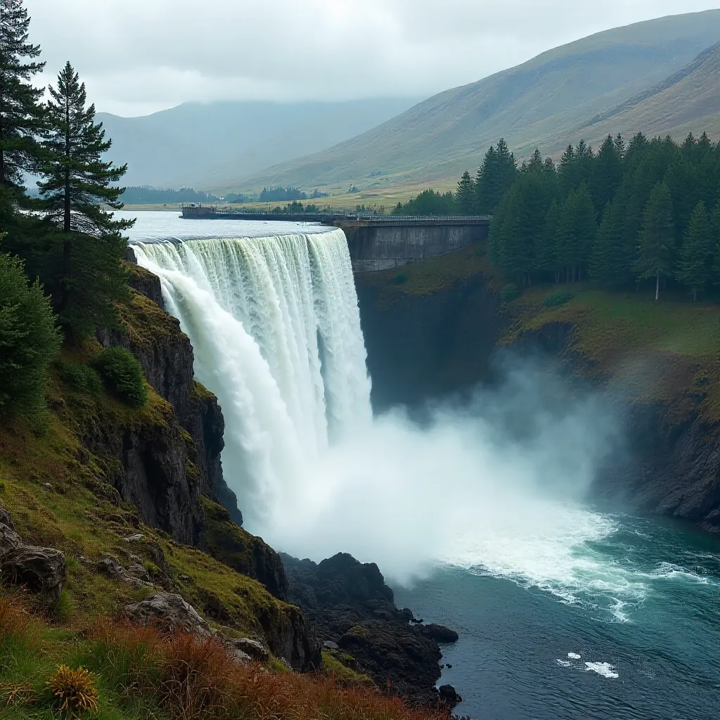 Majestic Highlands Dam Releasing Water in Lush Forest