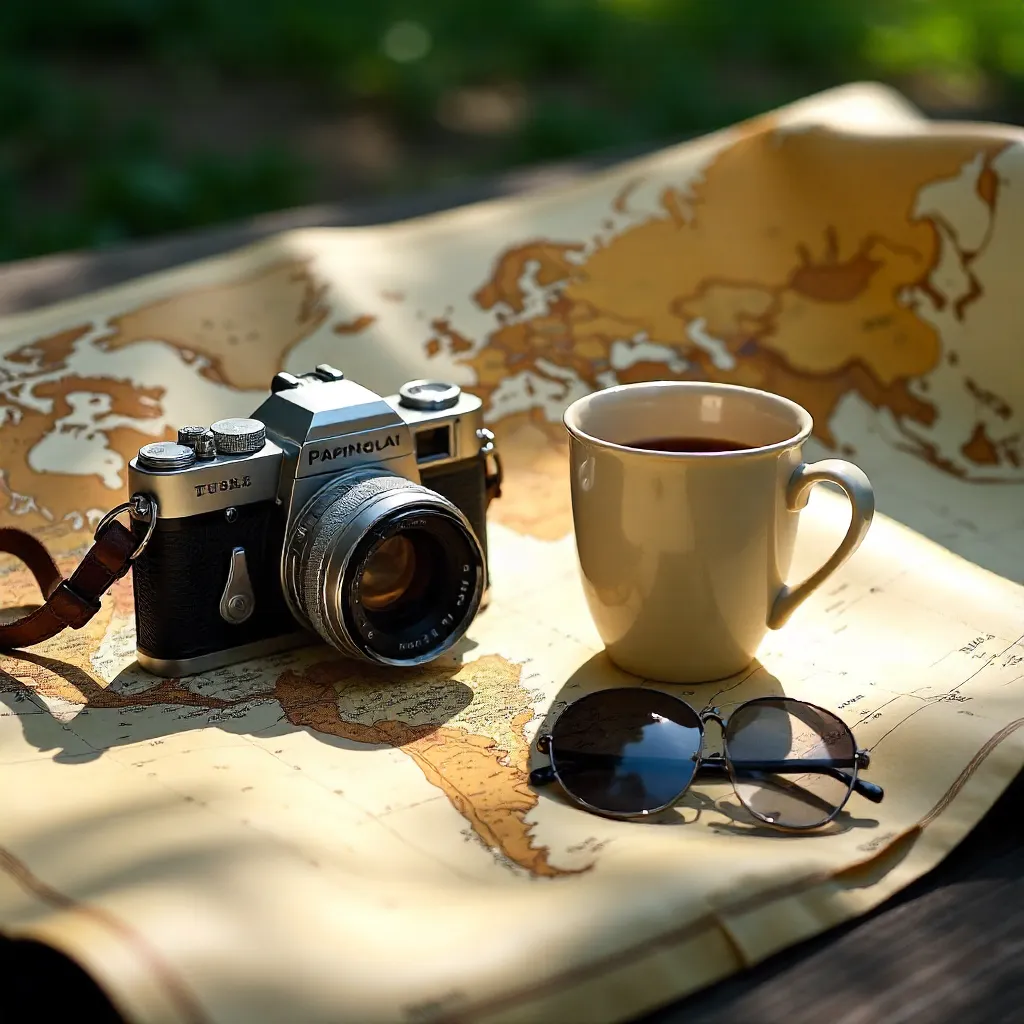 Sunlit Travel Map with Camera, Mug, and Sunglasses