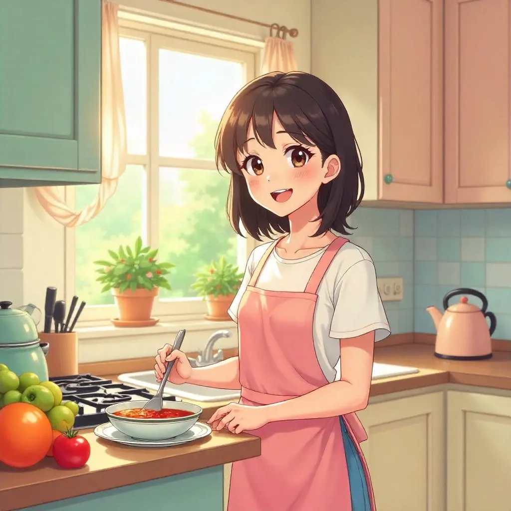 Cheerful Anime Woman in a Sunny Kitchen
