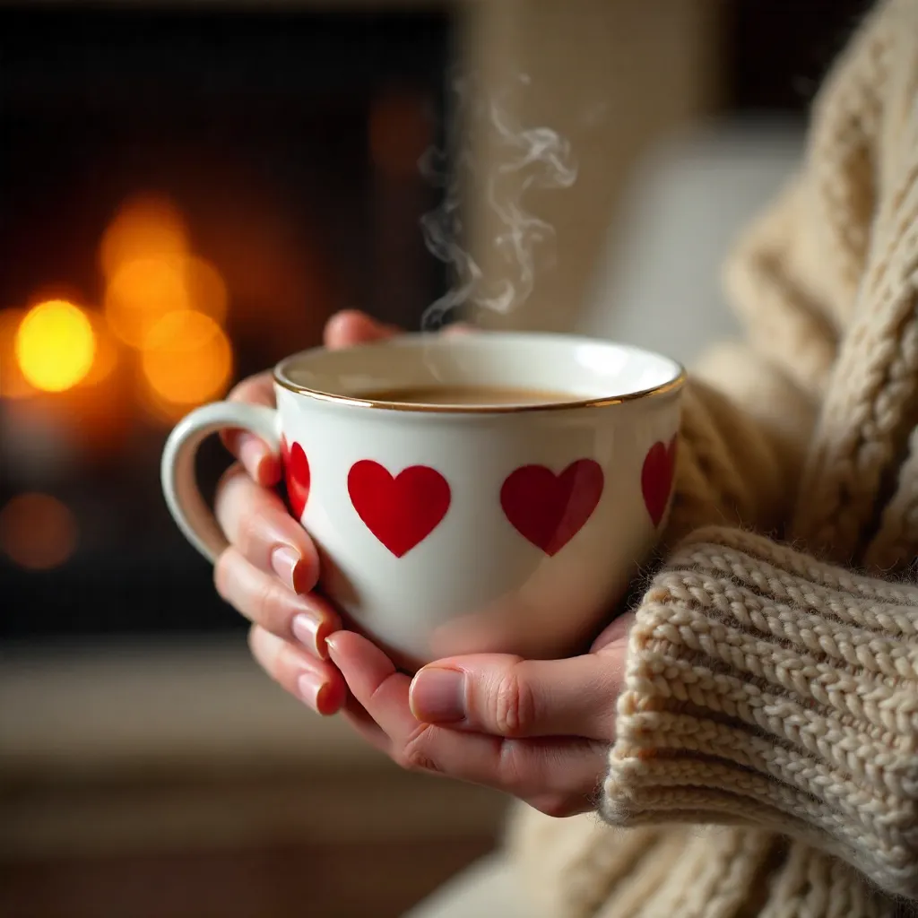 Cozy Close-Up: White Mug with Hearts, Warm Glow