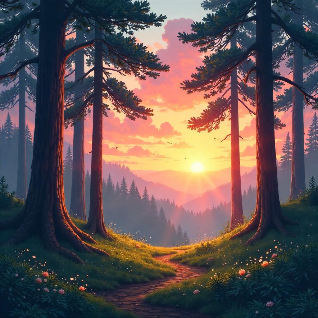 Dawn Over Pine Forest - Anime Sunrise