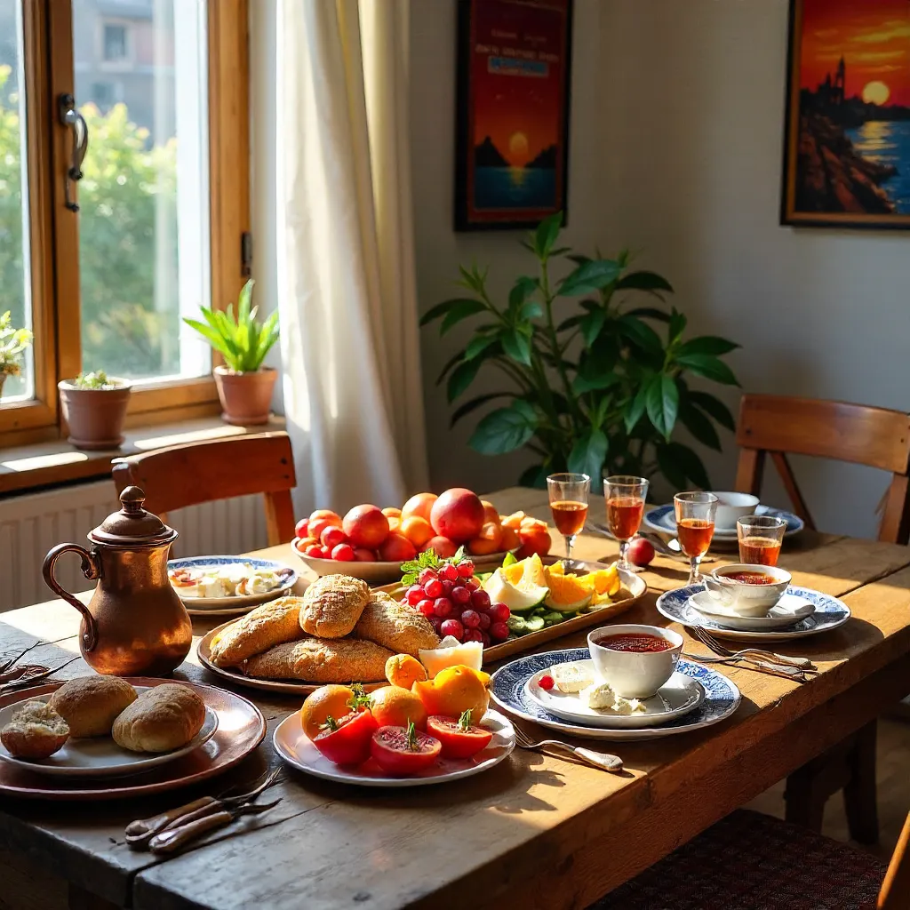 Sunlit Turkish Breakfast with Fruits and Wall Art