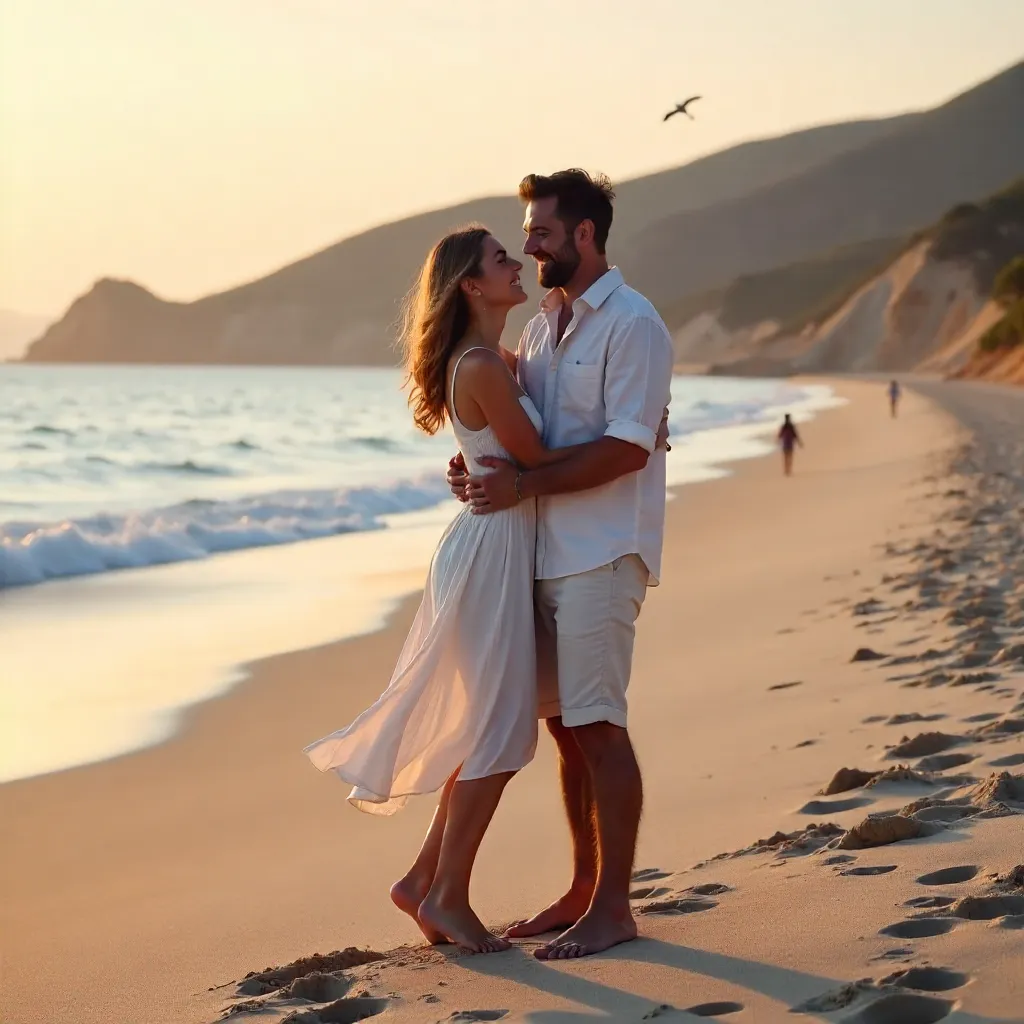 Joyful embrace on a sunlit beach with hills