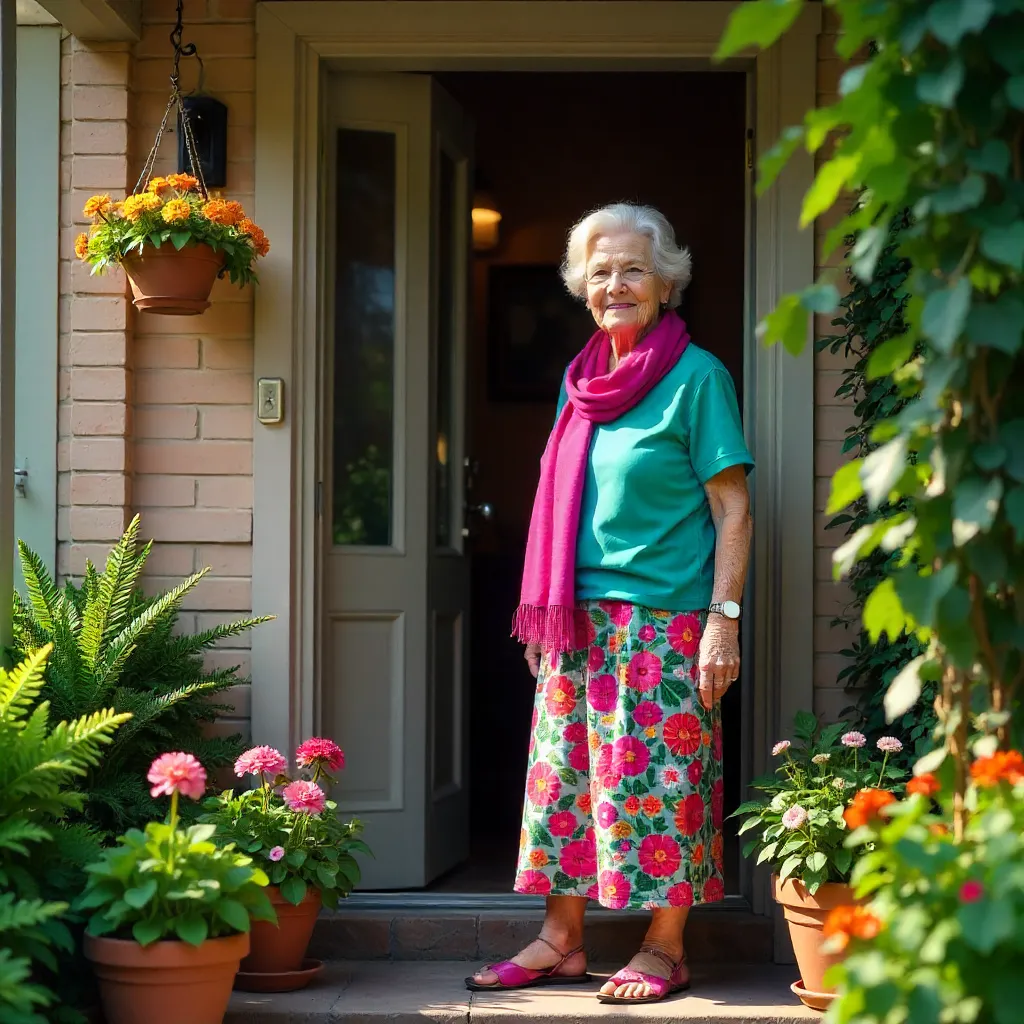 Vibrant Elderly Woman at Her Lush Front Door