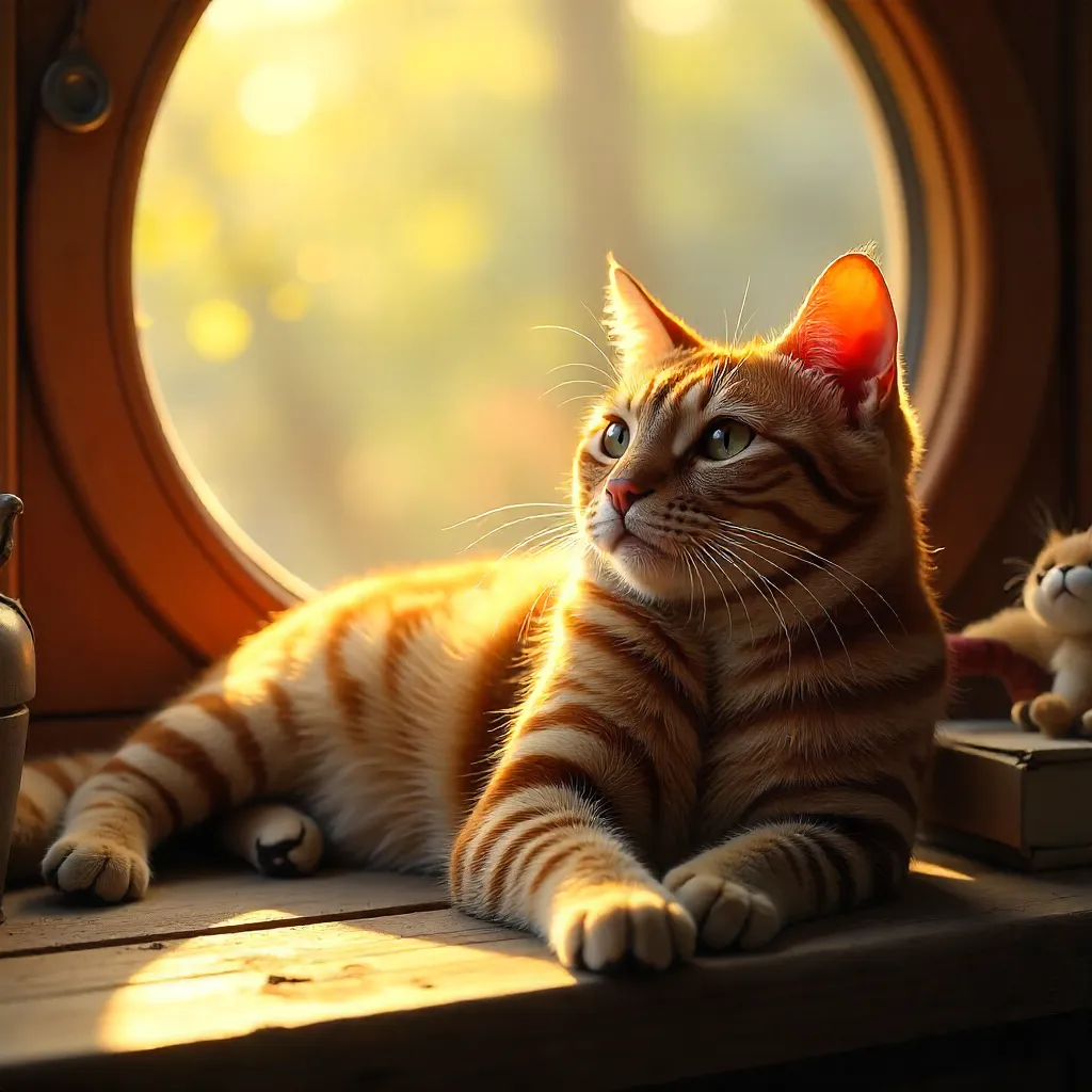Sunlit Tabby on Circular Window Ledge