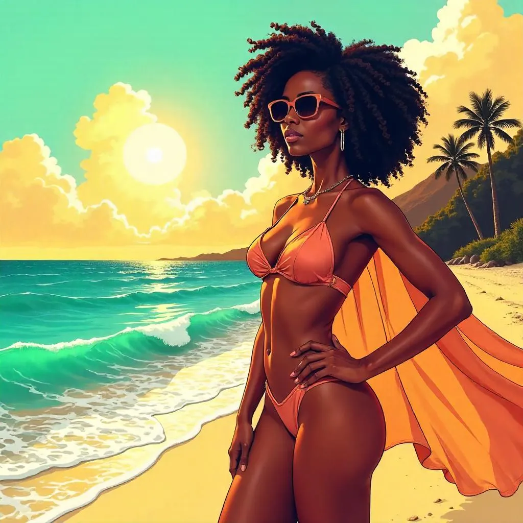 Elegant Black Woman on Beach in Comic Style
