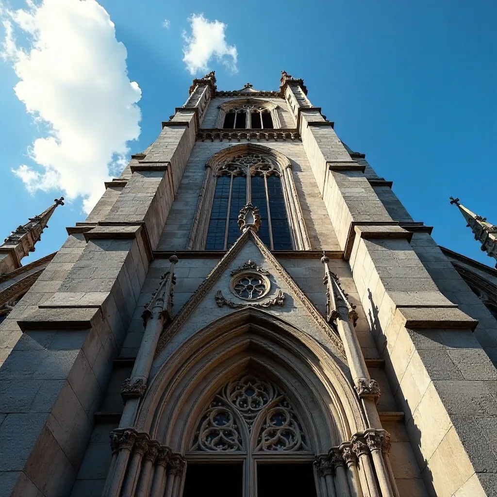 Dramatic Low-Angle Gothic Church Facade Against Blue Sky