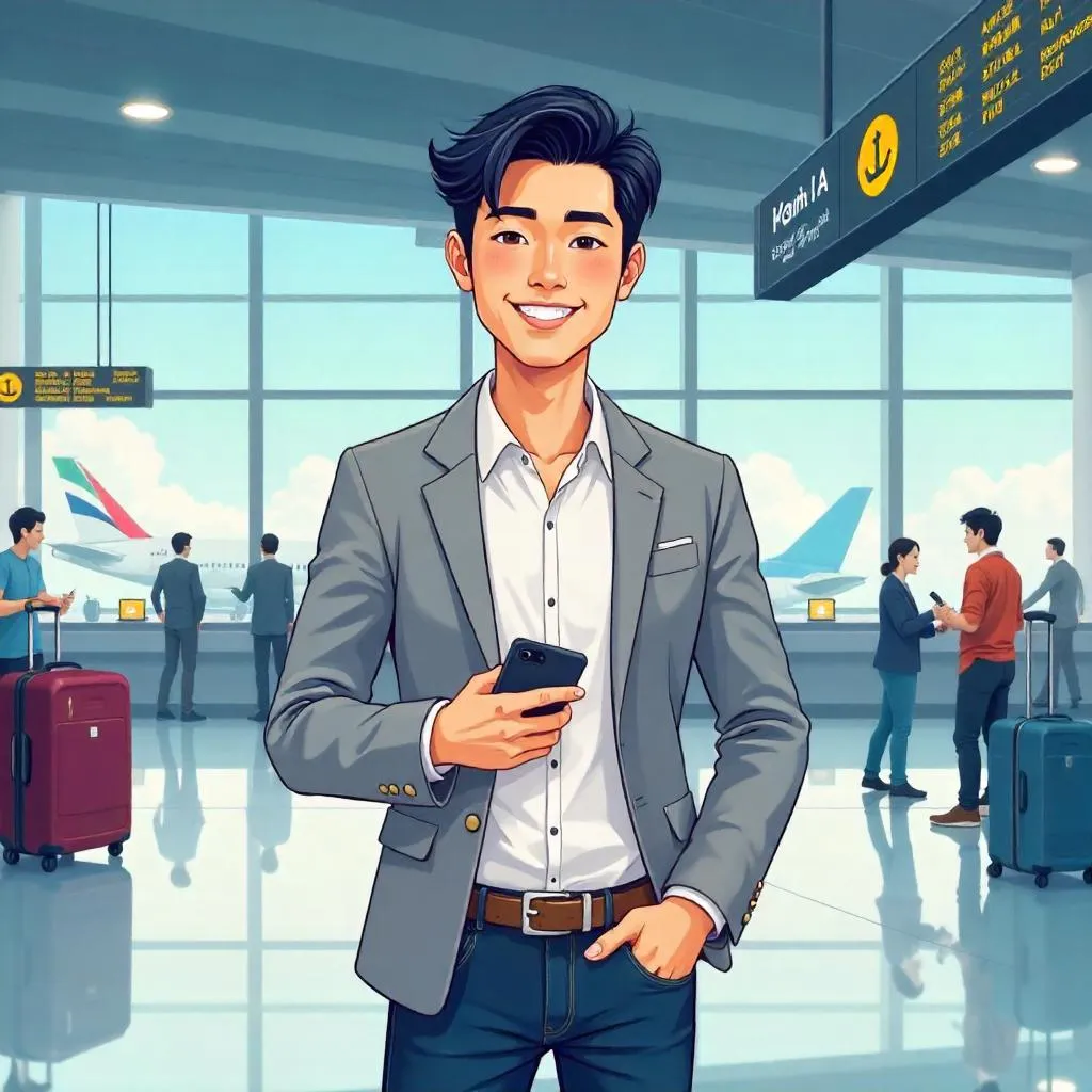 Handsome Asian Man in a Cartoon Airport Scene
