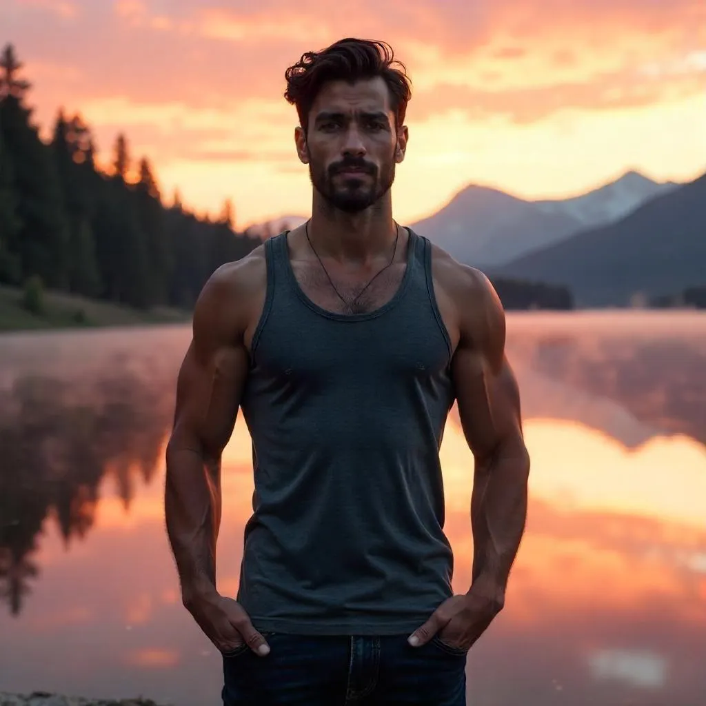 Strong Latino Man by a Serene Lake