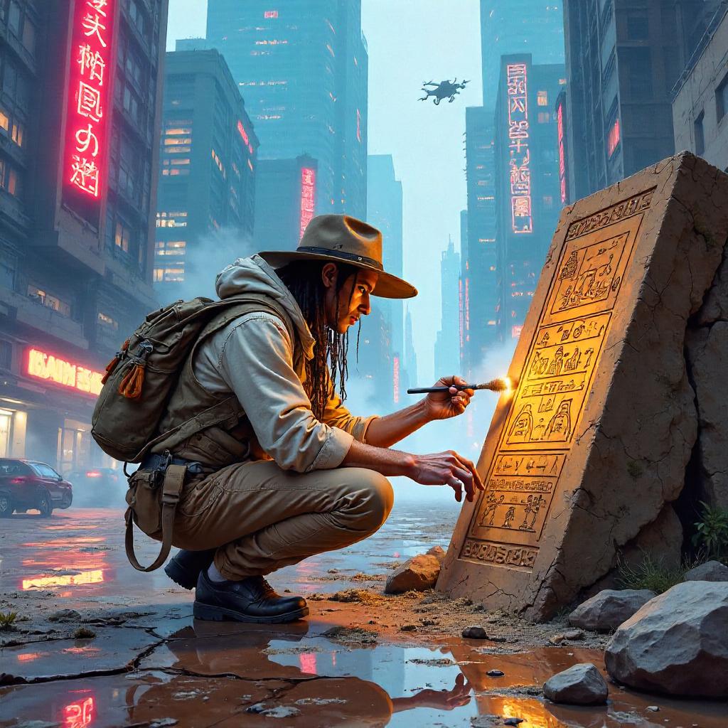 Watercolor archaeologist in a neon-future city
