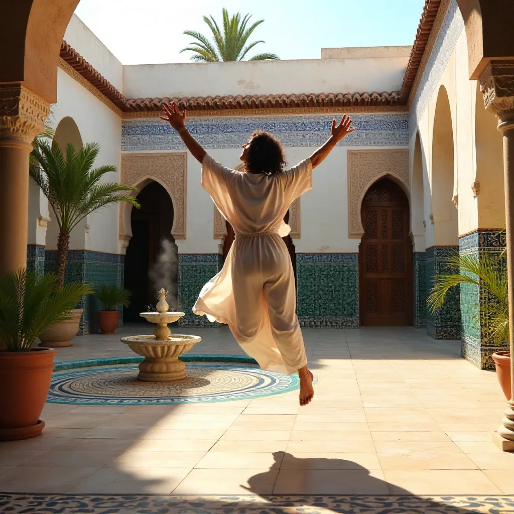 Joyful Leap in a Moroccan Courtyard