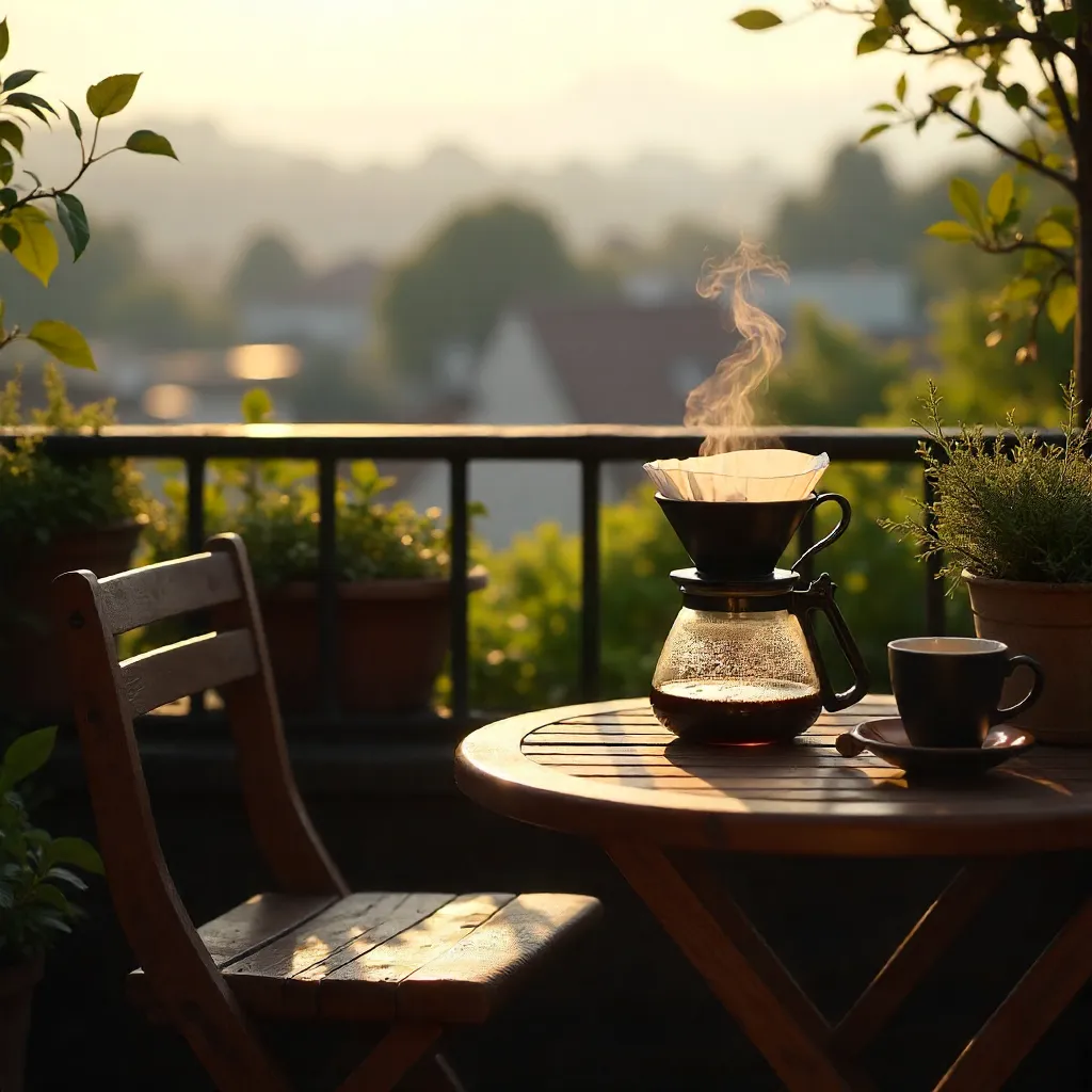 Terrace Morning: Drip Coffee by Wooden Chair