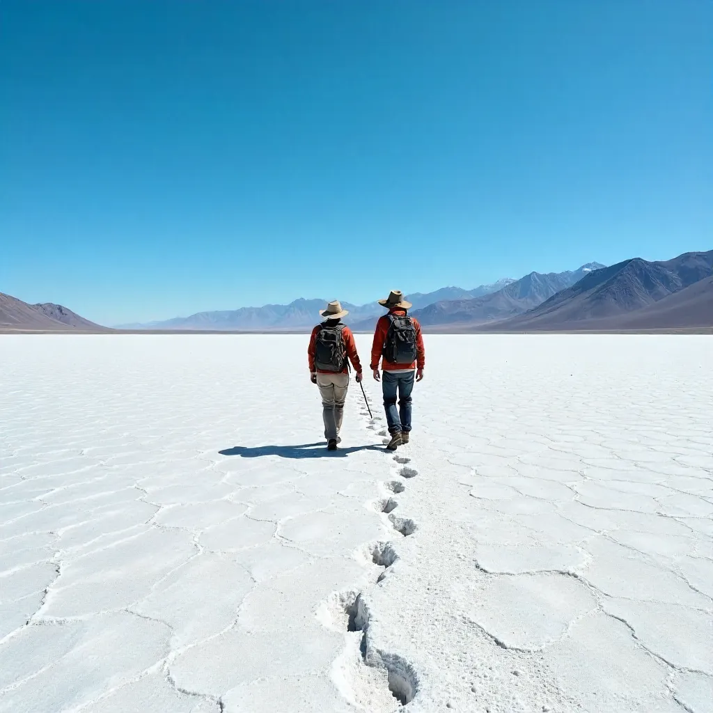 Two Travelers on Uyuni Salt Flats under a Clear Blue Sky