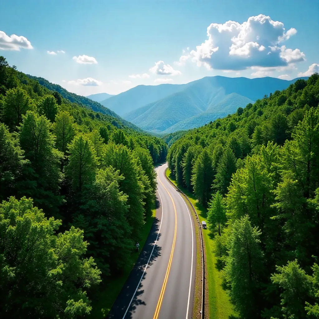 Drone View: Winding Forest Road in Gatlinburg, Summer