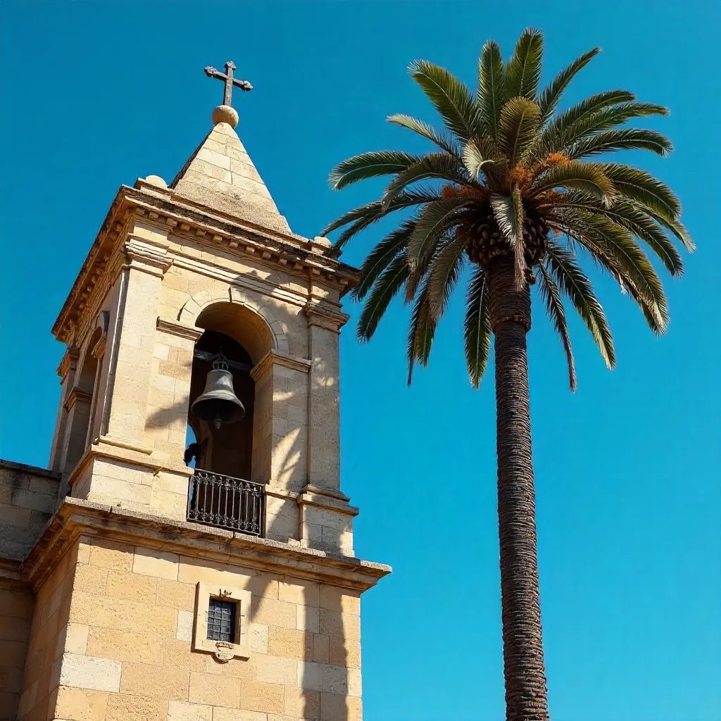 Bell Tower and Palm Under a Clear Blue Sky