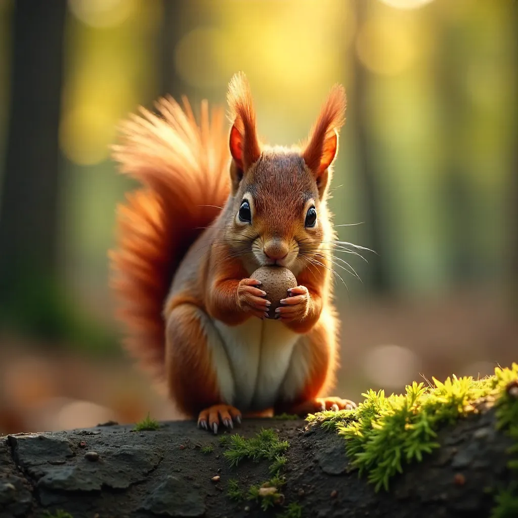 Squirrel Eating Nut in Sunlit Forest Backdrop