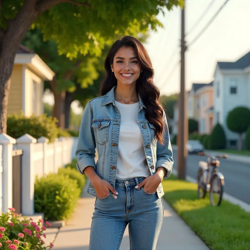 Cheerful Latina Woman in a Sunny Suburban Street
