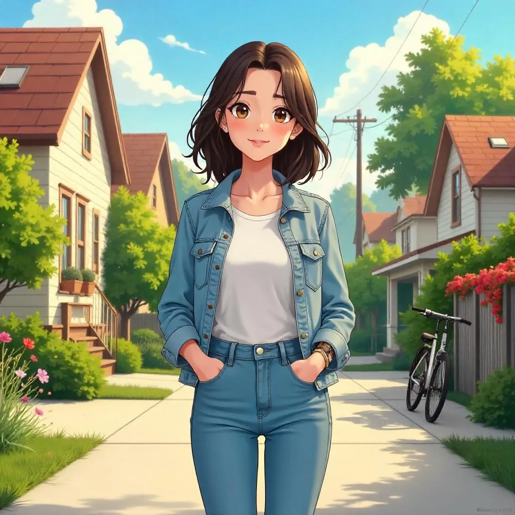 Latina Anime Woman in a Sunny Suburban Street