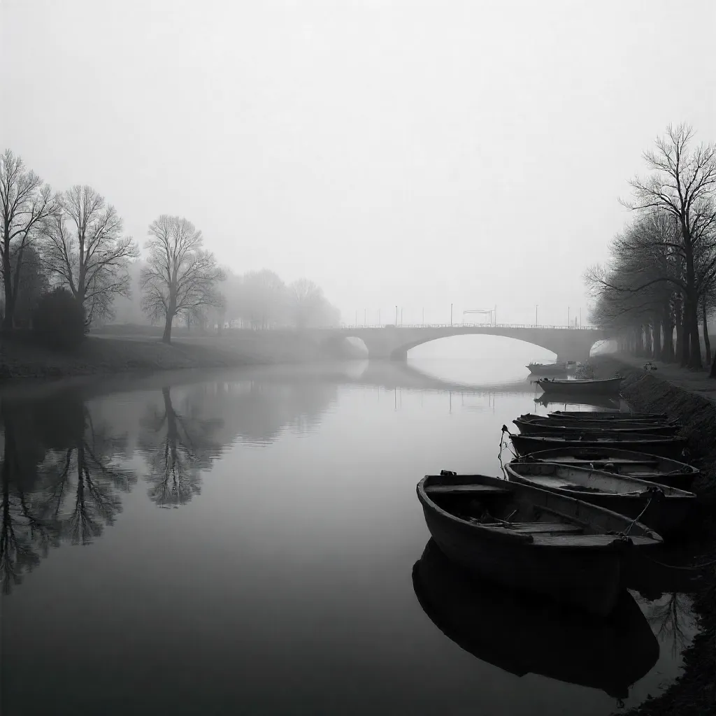 Serene Black-and-White Boats by Foggy Riverside Bridge