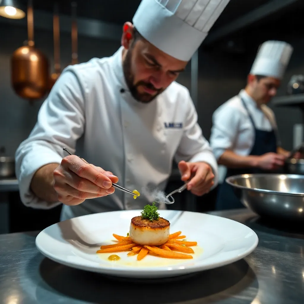 Precision Plating: Chef Perfecting a Dish in a Restaurant Kitchen