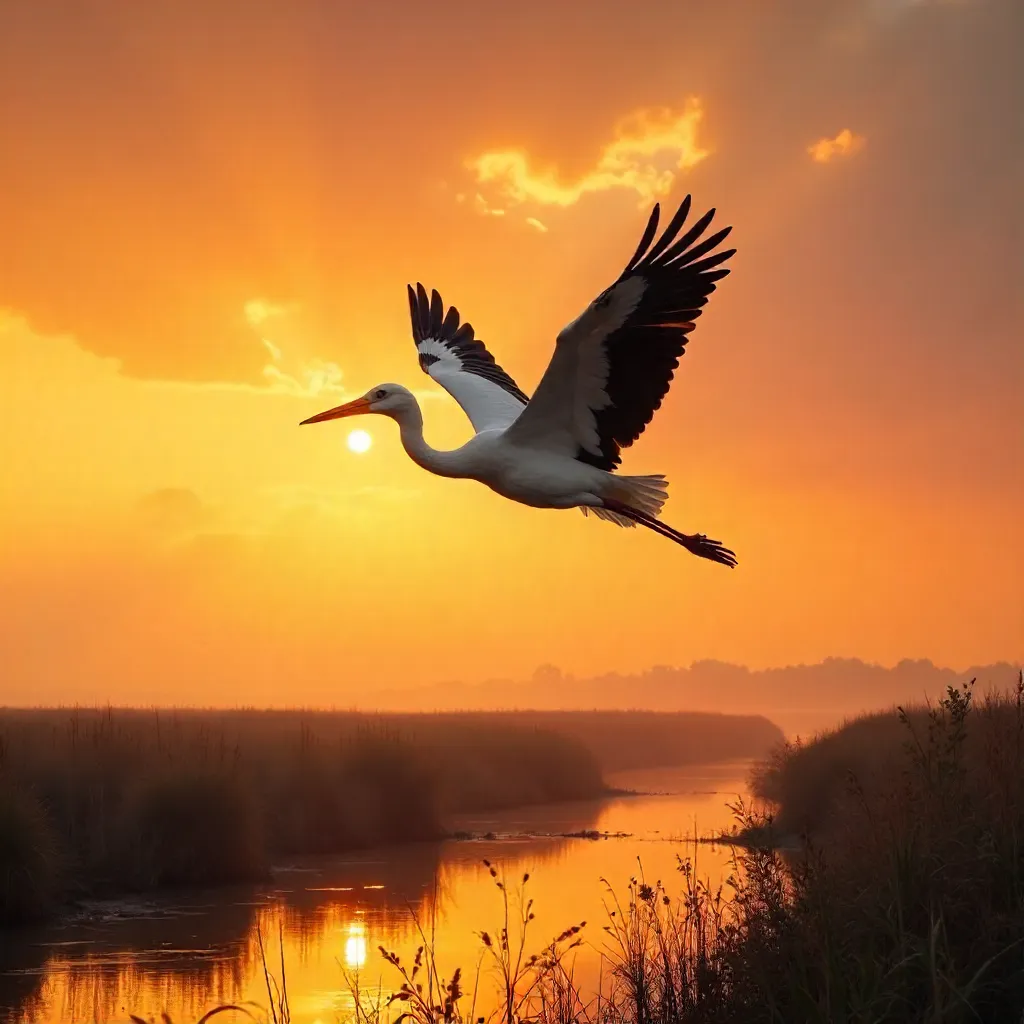 Lone Stork Soaring Over an Orange Sunset