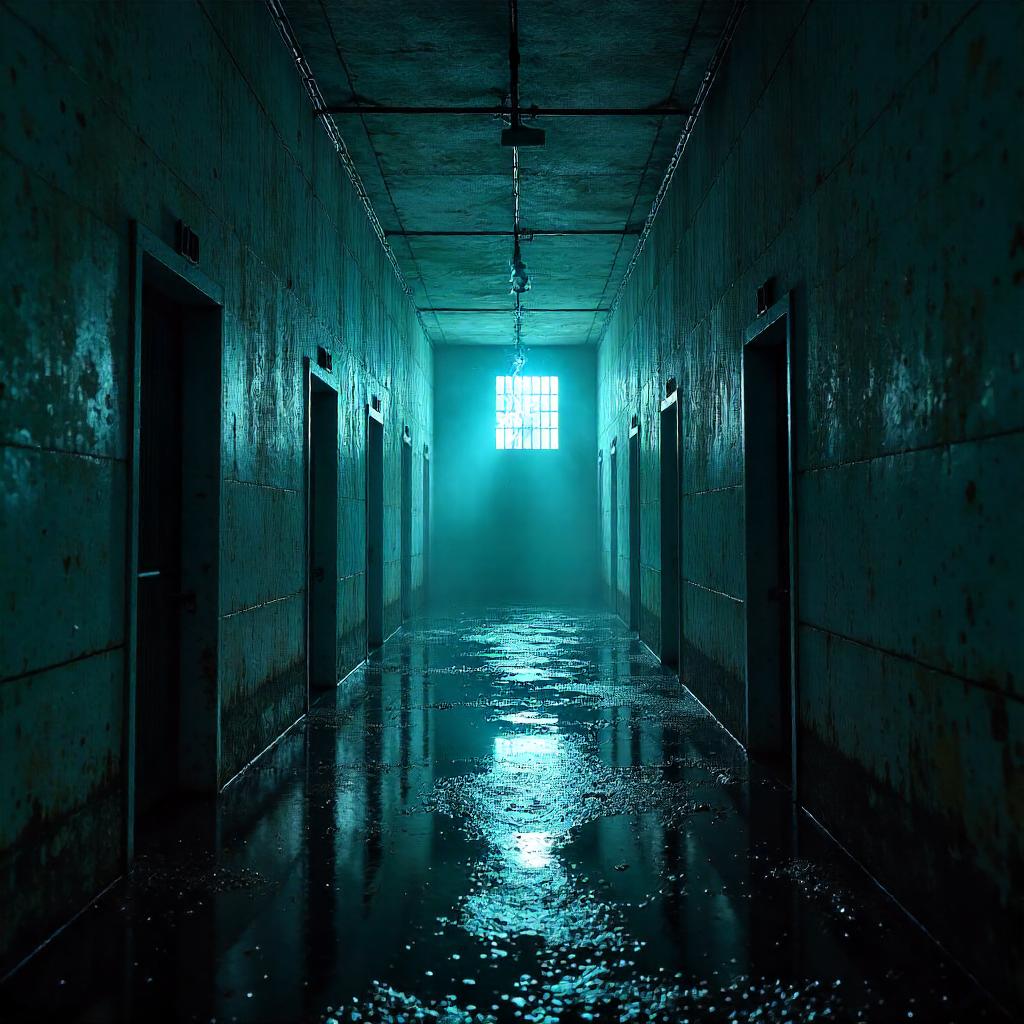 Storm-Lit 3D Prison: Lightning in the Cellblock
