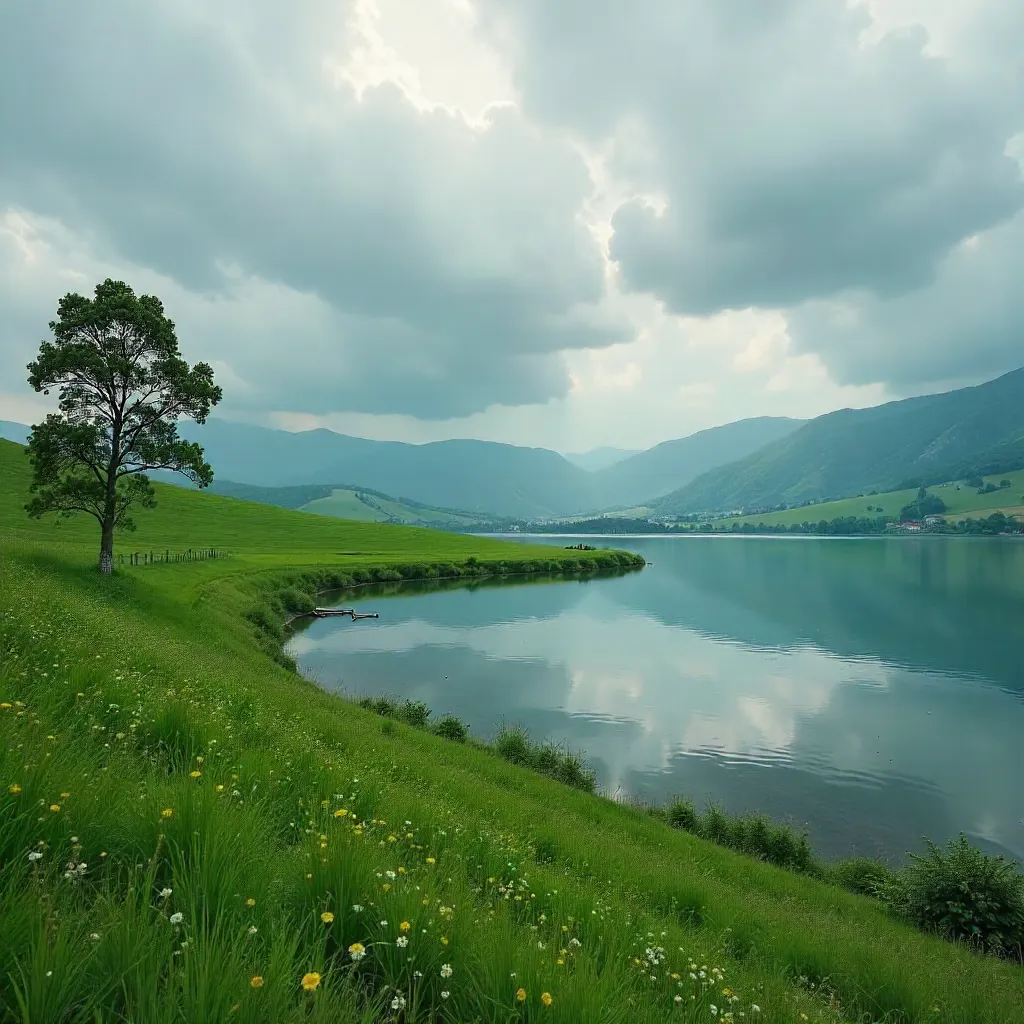 Bulgarian Green Fields by a Calm Lake under Clouds