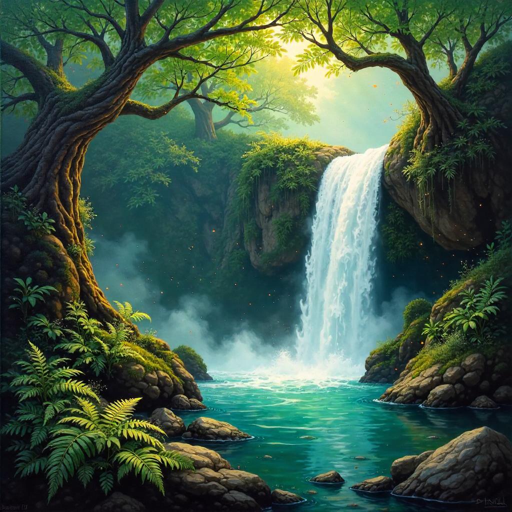 Enchanted Grove Waterfall in Oil Painting