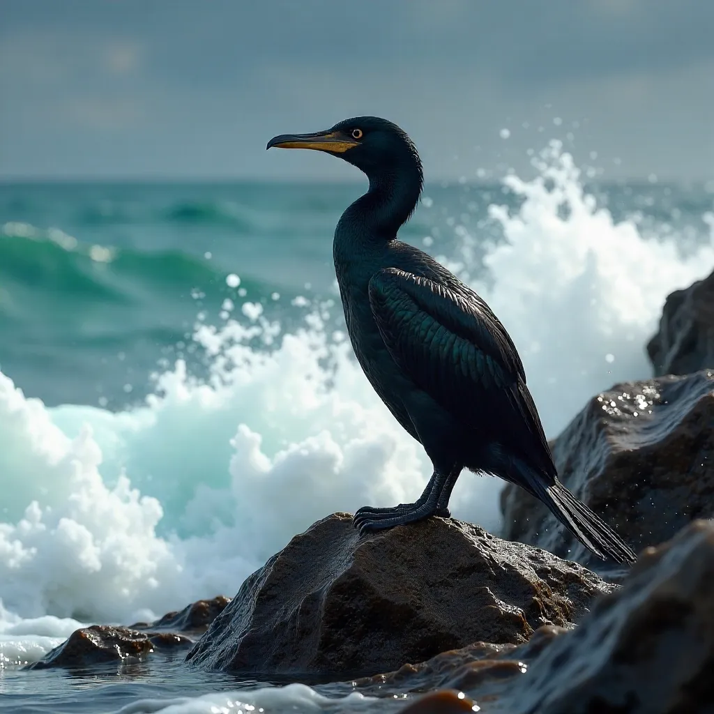 Cormorant on Rugged Rocks Amid Splashes