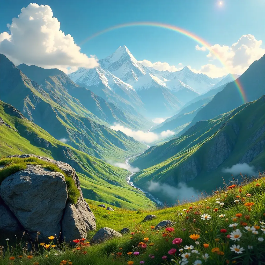 Rainbow Over Tibetan Mountains in Lush Valleys