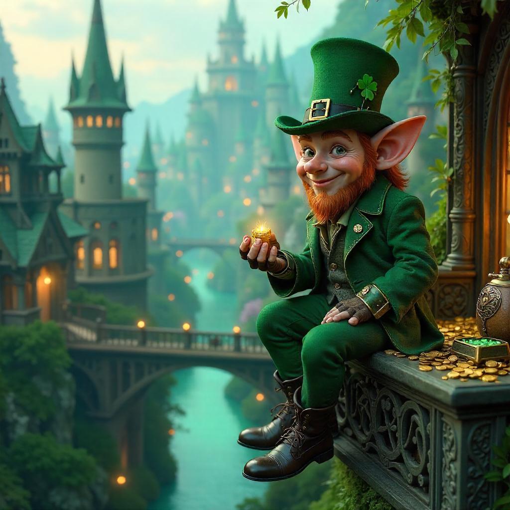 Leprechaun in a Glimmering Elven City - 3D Render