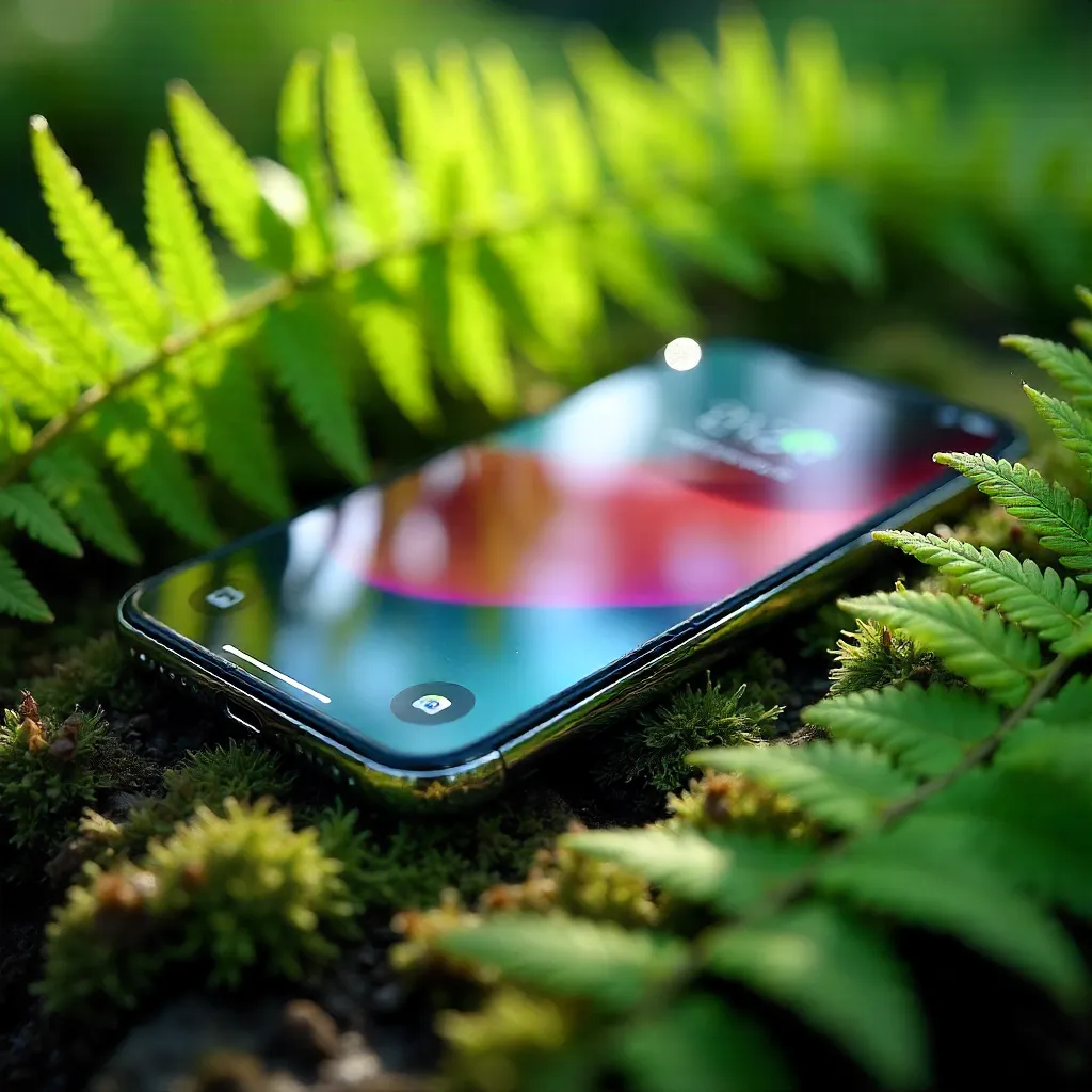 Smartphone in Ferns: Outdoor Tech Close-Up
